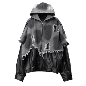 Black hooded techwear jacket in denim and PU leather patchwork