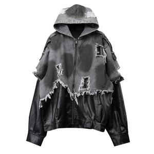 Black hooded techwear jacket in denim and PU leather patchwork