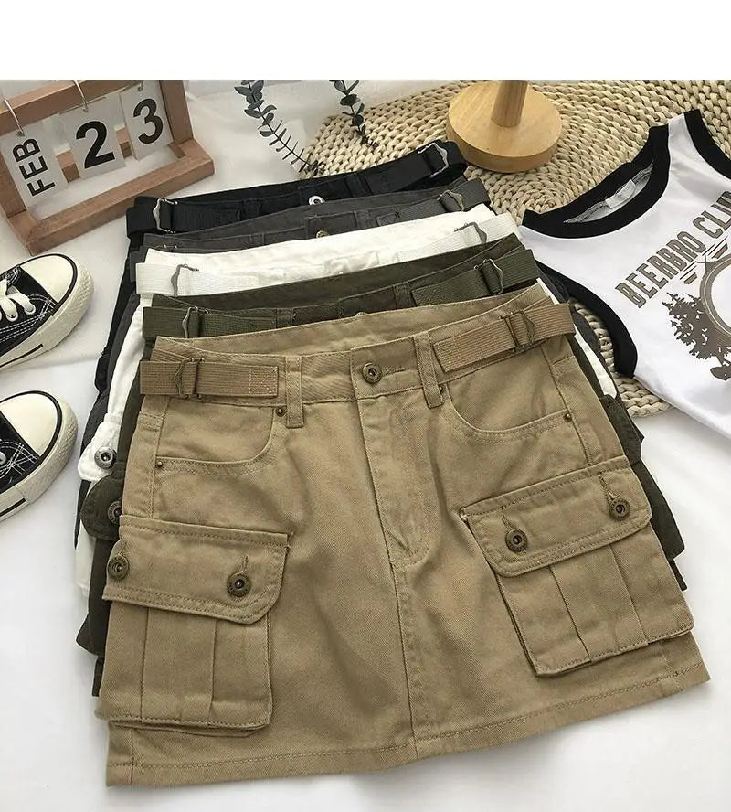 Khaki cargo denim skirt hot sale