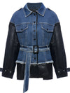 Denim Spliced PU Leather Spring Jacket
