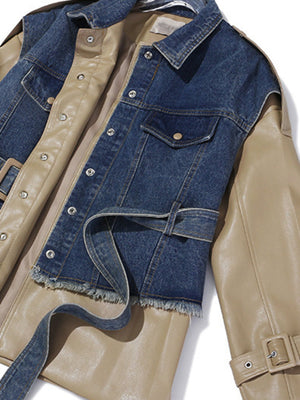 Denim Spliced PU Leather Spring Jacket