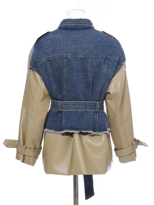 Denim Spliced PU Leather Spring Jacket