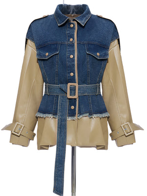 Denim Spliced PU Leather Spring Jacket