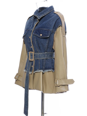 Denim Spliced PU Leather Spring Jacket