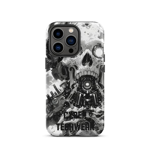 Distinctive iPhone Black White Case for iPhone 13 Pro, back view of the black and white mechanical skull print