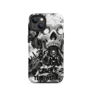 Distinctive iPhone Black White Case for iPhone 14, back view of the black and white mechanical skull print