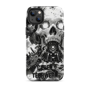 Distinctive iPhone Black White Case for iPhone 14 Plus, back view of the black and white mechanical skull print