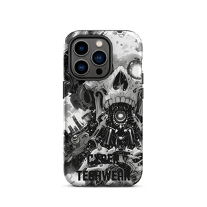 Distinctive iPhone Black White Case for iPhone 14 Pro, back view of the black and white mechanical skull print