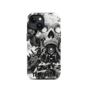 Distinctive iPhone Black White Case for iPhone 15, back view of the black and white mechanical skull print