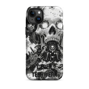 Distinctive iPhone Black White Case for iPhone 15 Plus, back view of the black and white mechanical skull print