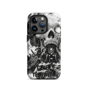 Distinctive iPhone Black White Case for iPhone 15 Pro, back view of the black and white mechanical skull print