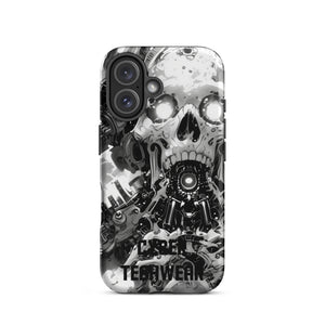 Distinctive iPhone Black White Case for iPhone 16, back view of the black and white mechanical skull print
