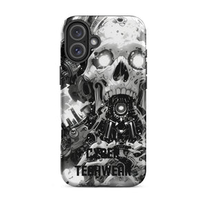 Distinctive iPhone Black White Case for iPhone 16 Plus, back view of the black and white mechanical skull print