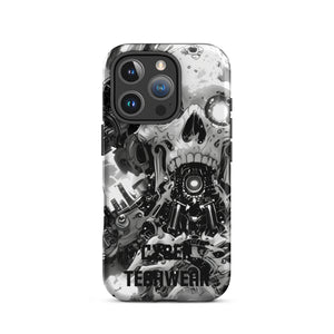 Distinctive iPhone Black White Case for iPhone 16 Pro, back view of the black and white mechanical skull print