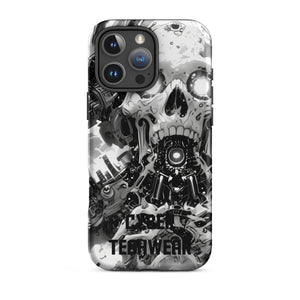 Distinctive iPhone Black White Case for iPhone 16 Pro Max, back view of the black and white mechanical skull print