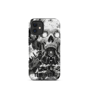 Distinctive iPhone Black White Case for iPhone 12 mini, back view of the black and white mechanical skull print