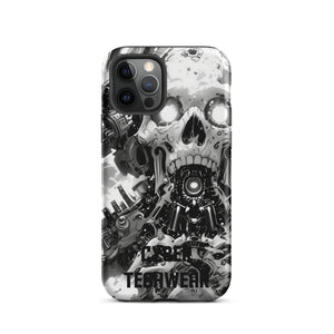 Distinctive iPhone Black White Case for iPhone 12 Pro, back view of the black and white mechanical skull print