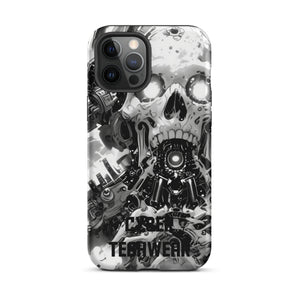 Distinctive iPhone Black White Case for iPhone 12 Pro Max, back view of the black and white mechanical skull print