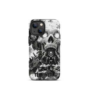 Distinctive iPhone Black White Case for iPhone 13 mini, back view of the black and white mechanical skull print