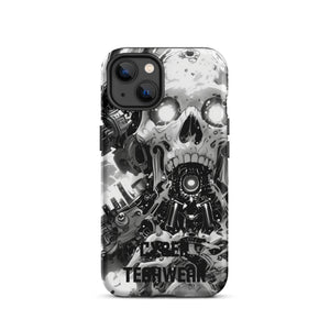 Distinctive iPhone Black White Case for iPhone 13, back view of the black and white mechanical skull print