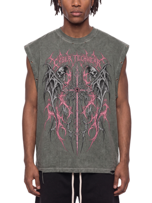 Man wearing the washed grey muscle shirt, front view with the pink winged skull and cross chest print