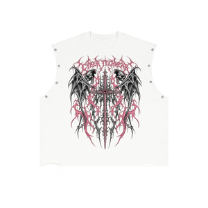 White colourway laid flat, front, with the charcoal and pink winged cross print across the chest