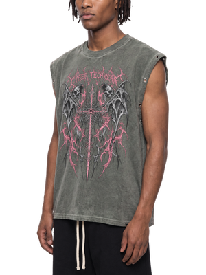 Three-quarter view on a male model, washed grey cotton, showing the print and the eyelet trimmed armhole