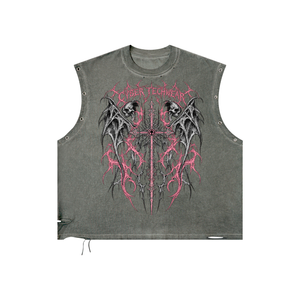 Washed grey sleeveless top laid flat, front, with the gothic cross print and a distressed neckline