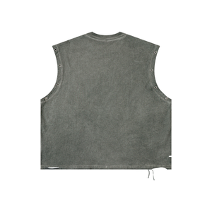 Washed grey colourway laid flat from the back, plain cotton with eyelets along both armhole edges