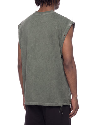 Back view on a male model, plain washed grey body, boxy cut and a drawstring detail at the side hem