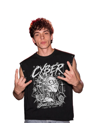 Distressed Grommet Y2K Tank Top in black on a model, front view with the CYBER cyborg portrait print