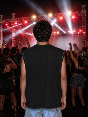 Seen from behind in the crowd, the black tank showing its plain back and wide dropped armholes