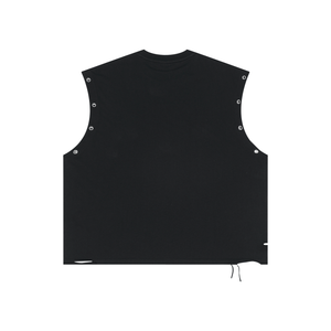 Back of the black tank laid flat, unprinted, with the distressed hem left open along the bottom