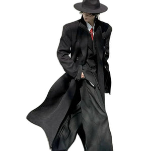 Black and grey double breasted techwear coat with padded shoulders