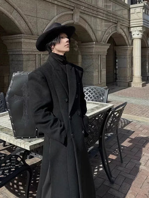 Black and grey double breasted techwear coat with padded shoulders