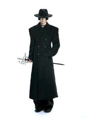 Black and grey double breasted techwear coat with padded shoulders