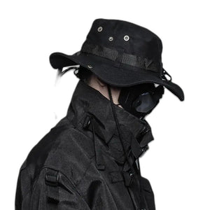 Drawstring Black Bucket Hat - product view on white background