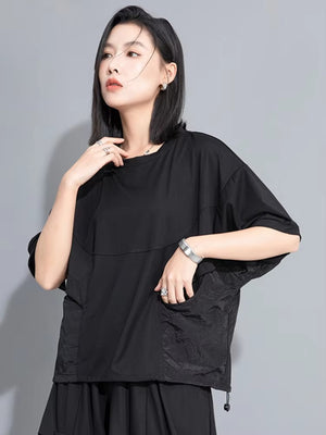 Drawstring Black Oversized T-shirt Half Sleeves