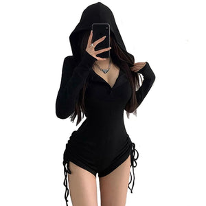 Black ribbed hooded bodysuit with polo collar and drawstring ties at the hips