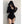 Black ribbed hooded bodysuit with polo collar and drawstring ties at the hips