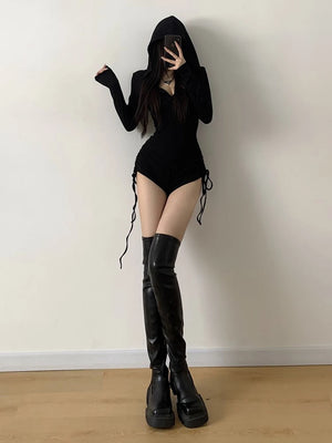 Black ribbed hooded bodysuit with polo collar and drawstring ties at the hips