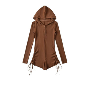 Black ribbed hooded bodysuit with polo collar and drawstring ties at the hips