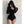 Black ribbed hooded bodysuit with polo collar and drawstring ties at the hips