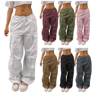 Drawstring Parachute Y2K Pants in white beside small views of the wine red, army green, pink, brown, black and grey
