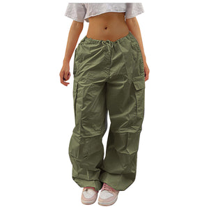 Army Green parachute y2k pants on a white background, front view with flap cargo pockets and drawstring hems
