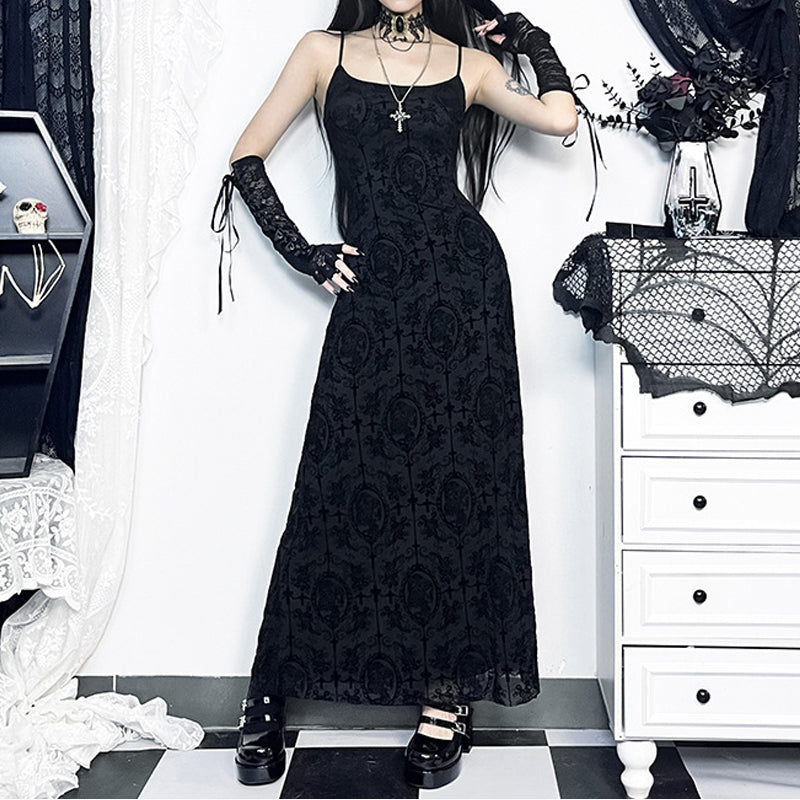 1970s Spaghetti Strap Gothic Black Lace Maxi Dress 1970s Spaghetti Strap Gothic Black Lace Maxi Dress
