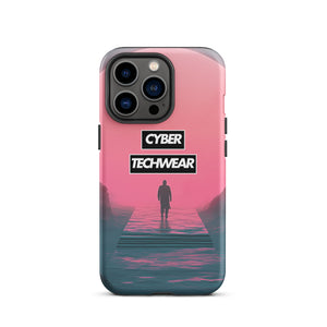 Elegant Pink iPhone Case for iPhone 13 Pro, back view of the pink sky and figure on a pier print