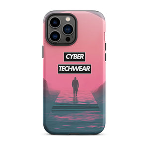Elegant Pink iPhone Case for iPhone 13 Pro Max, back view of the pink sky and figure on a pier print