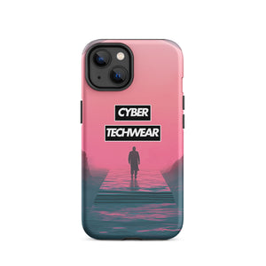 Elegant Pink iPhone Case for iPhone 14, back view of the pink sky and figure on a pier print
