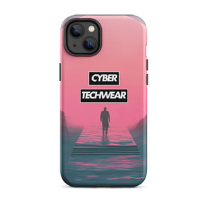 Elegant Pink iPhone Case for iPhone 14 Plus, back view of the pink sky and figure on a pier print